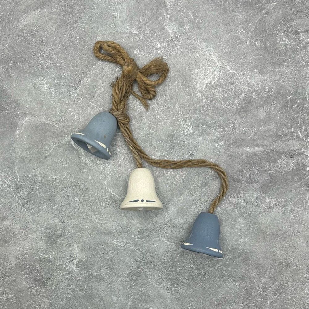 Vintage White & Blue Bell Holiday Ornaments Braided Jute Rope Decor